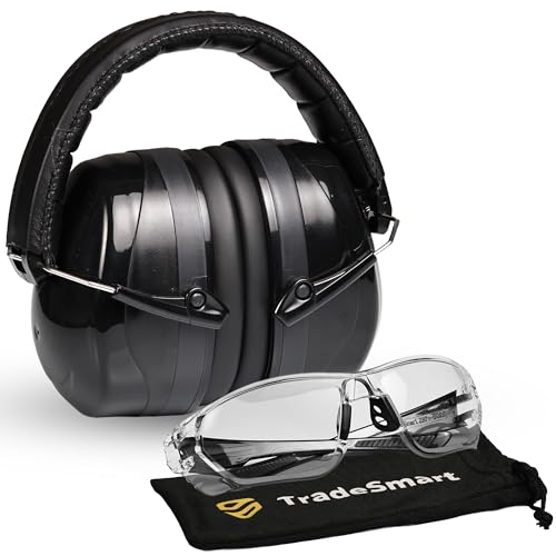 TradeSmart Shooting Ear Protection for Gun Range, NRR 28 Earmuffs & Eyewear | Stay comfortable: safety-glass arms sit beneath soft cushions; anti-fog UV400 lenses help stay clear, and muffs fold down.