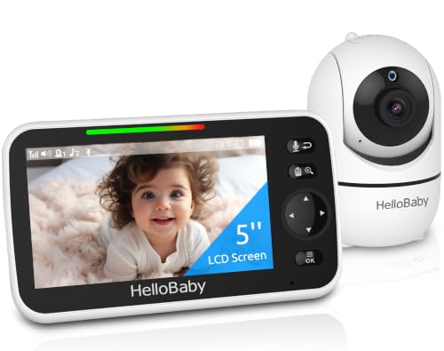 HelloBaby No WiFi Baby Monitor 5 Inch Screen 30-Hour Battery Pan-Tilt-Zoom Video Upgrade with Camera and Audio, Night Vision, VOX, 2-Way Talk, 8 Lullabies and 1000ft Range, HB6550