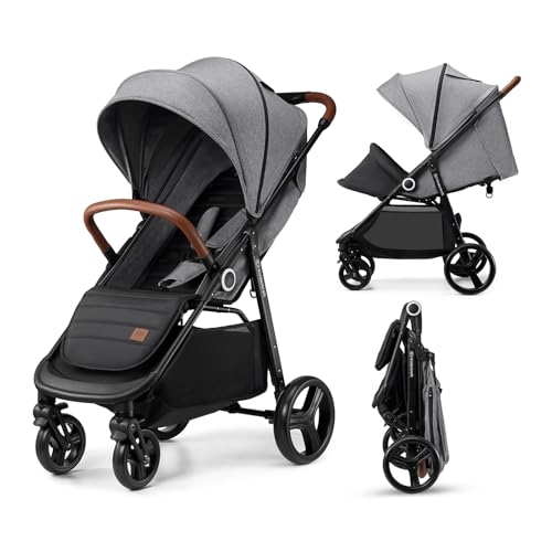 Kinderkraft Grande Plus Kinderkraft Buggy from Birth to 48.5 lb, one-Hand Folding, Reclining Position, Large Canopy with Window, All 4 Wheels dampened, Spacious seat, Gray