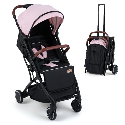 INFANS Travel Stroller, Lightweight Compact Baby Stroller for Airplane with One-Hand Fold, Multi-Position Recline, Canopy, 4 Wheel Suspension, Storage Basket (Pink+Black)