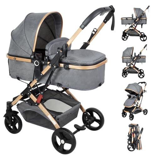 2 in 1 Baby Stroller Newborn Stroller Foldable Convertible Infant Stroller Pushchair Folding High Landscape Infant Carriage,Toddler Pushchair Gray Baby Stroller