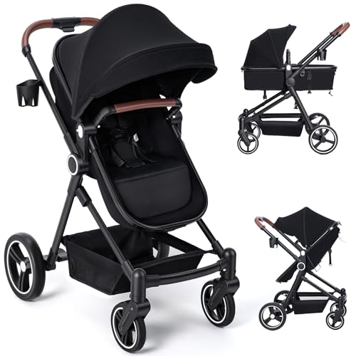 Leooy 2-1 Baby Stroller, Newborn Toddler Compact Stroller with Convertible Seat, Foldable Pram Stroller with Adjustable Backrest/Canopy& Cup Holder, for 0-48 Months