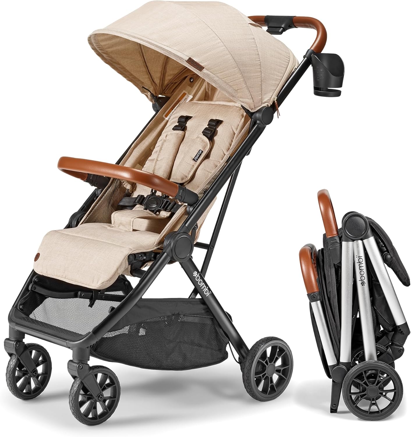 Bombi Bēbee V2 Lightweight Baby Stroller - Premium Vegan Leather, One-Hand Fold, Infinite Recline, Aircraft-Grade Aluminum...